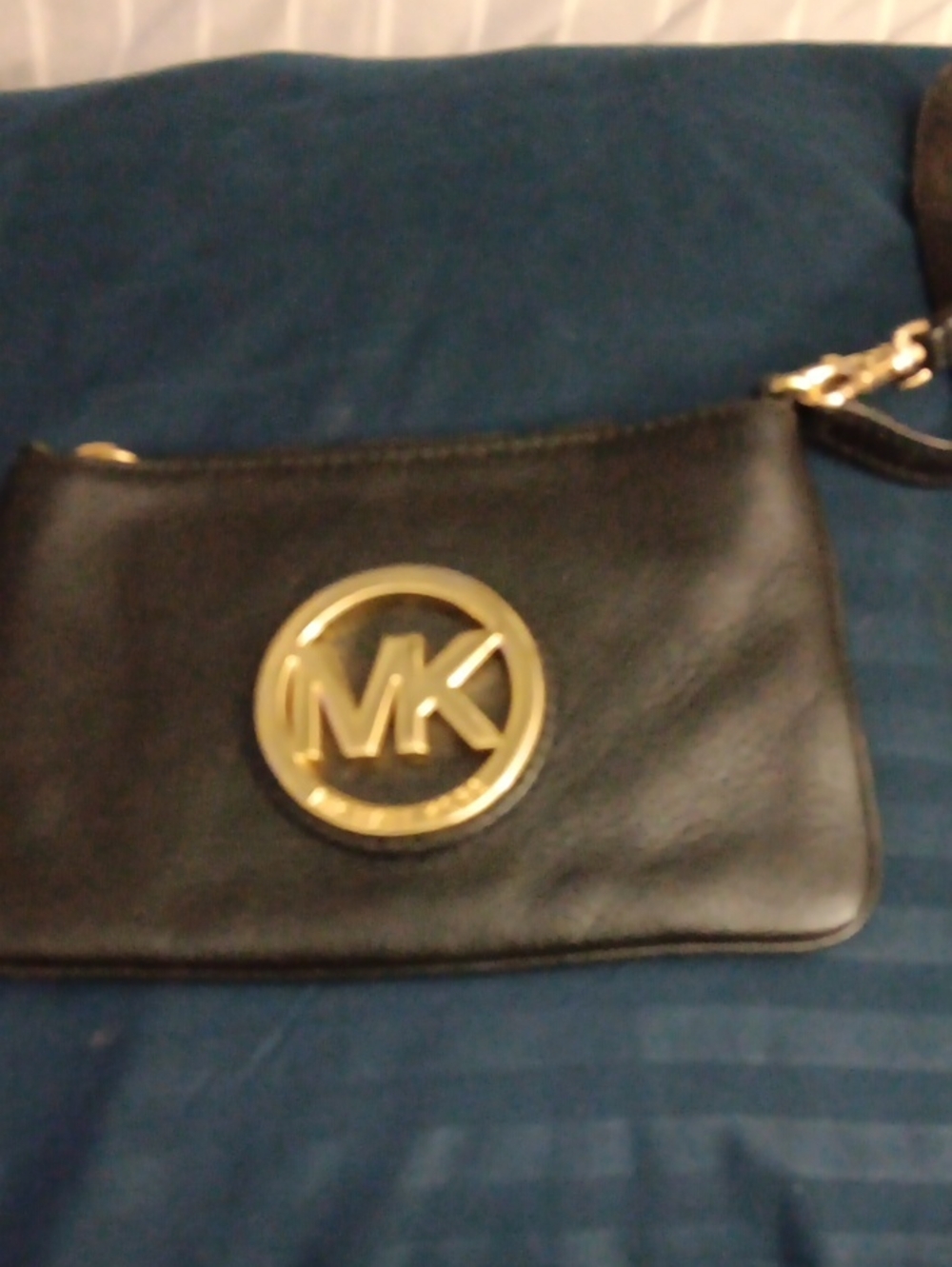 Michael Kors Black Leather Wristlet with Gold MK Emblem